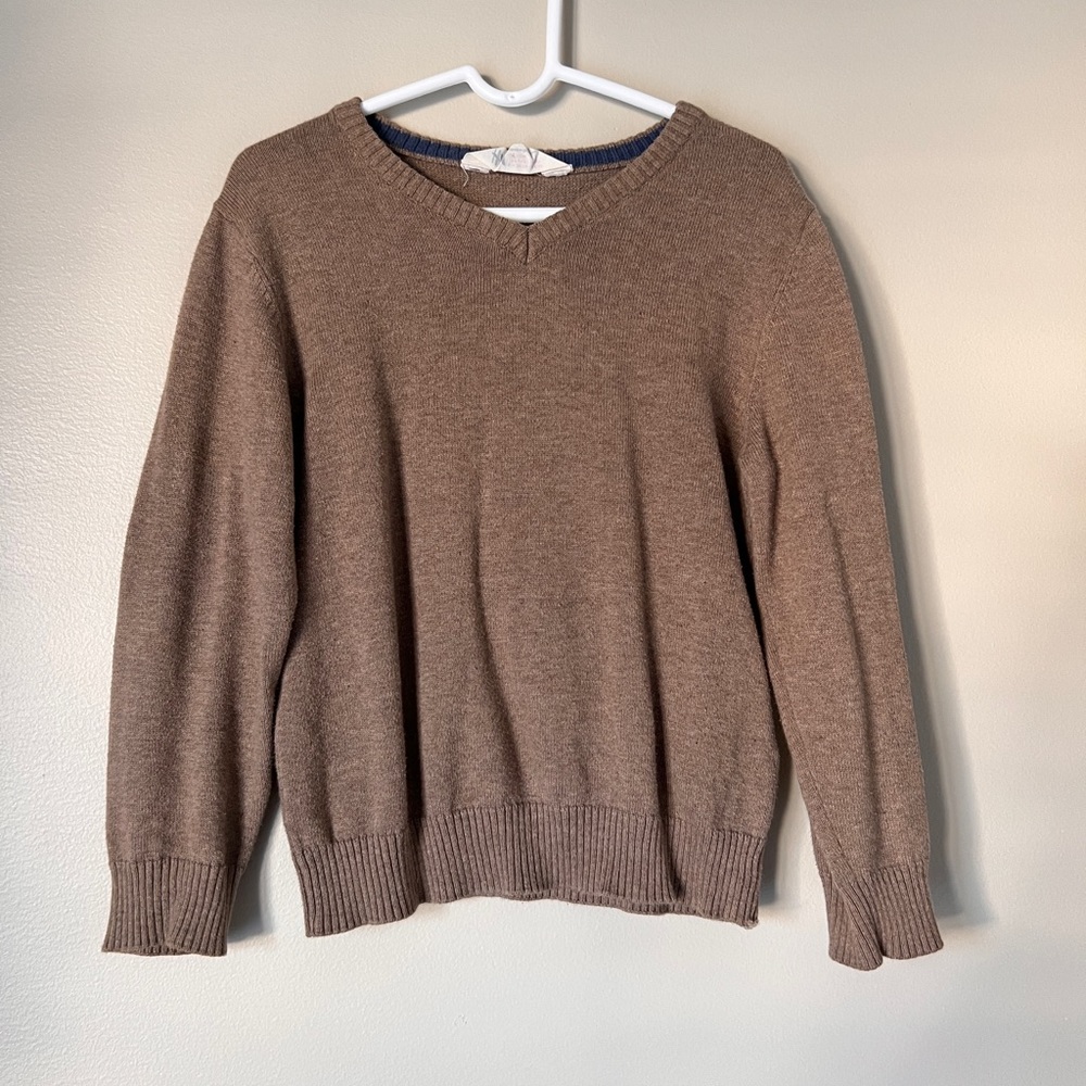 H&m tan v neck sweater with navy color patches on the sleeves. Boy size 4-6 y.o.